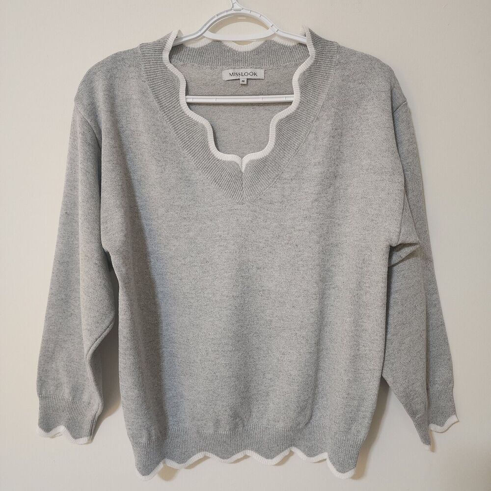 MissLook Womens Wool V-Neck Pullover Sweater Heather Grey White Scalloped Size M